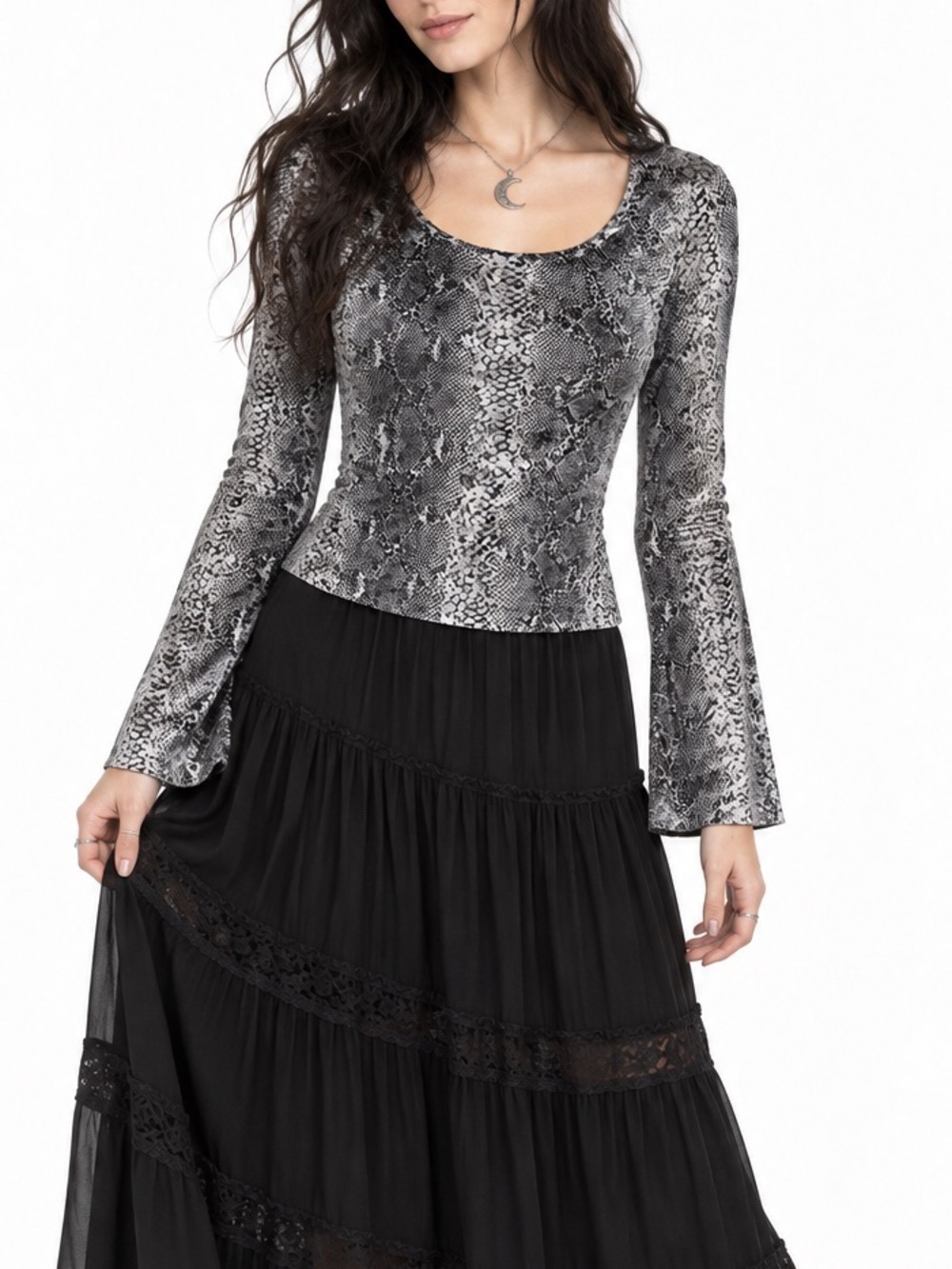 Guess Vintage 80s Snake Print Velvet Bell Sleeve Top Whimsigoth Goth Grunge Gray